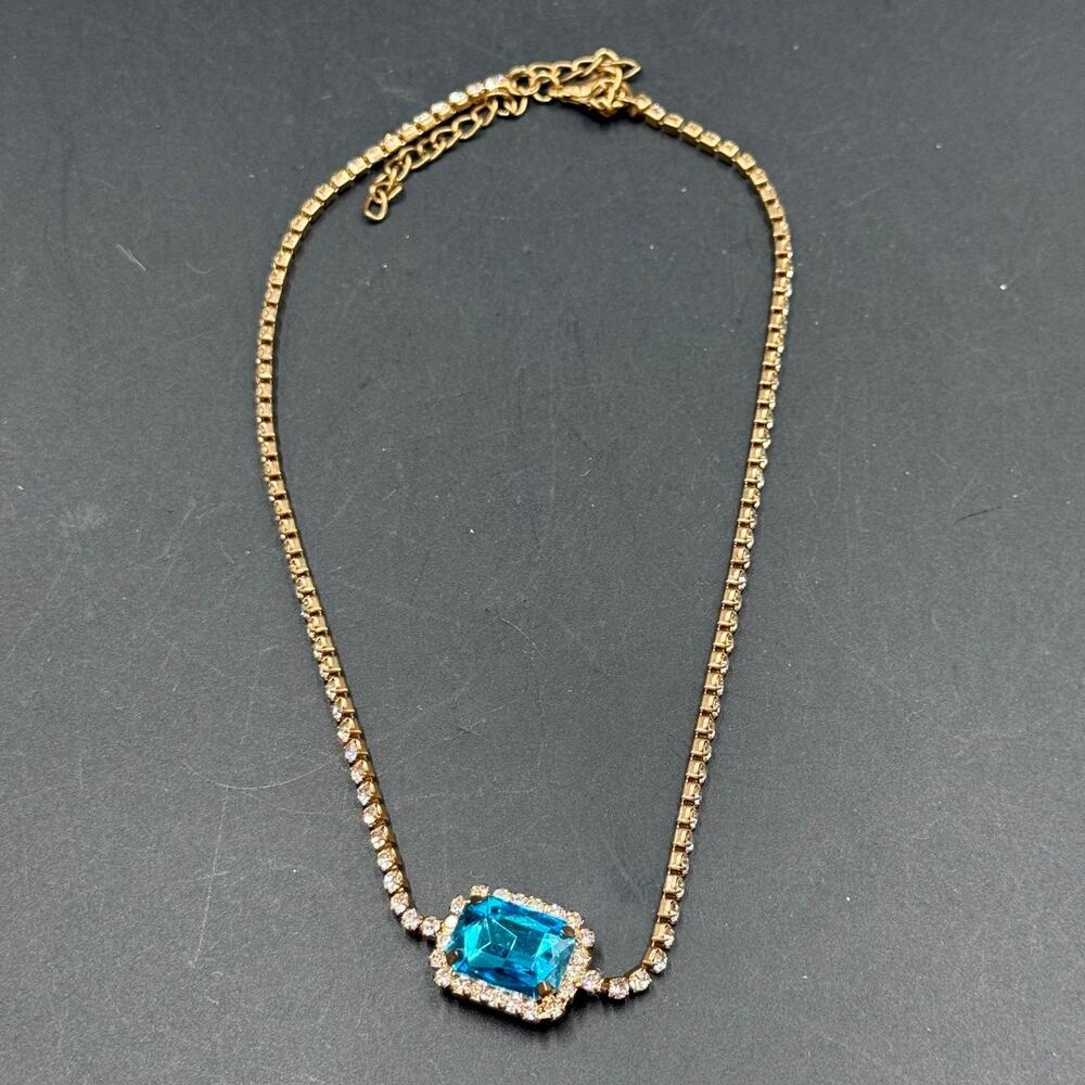 Vintage Boho Square Crystal Pendant Necklace Gold Tone